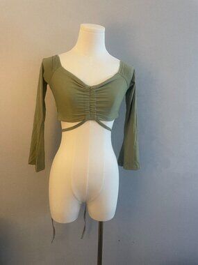 SHEIN Olive Green Ruched Long Sleeve Crop Top XS